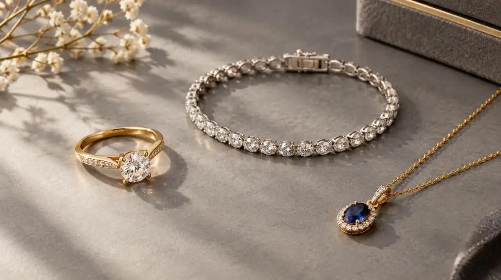 Diamond tennis bracelet, ring and sapphire pendant on grey stone