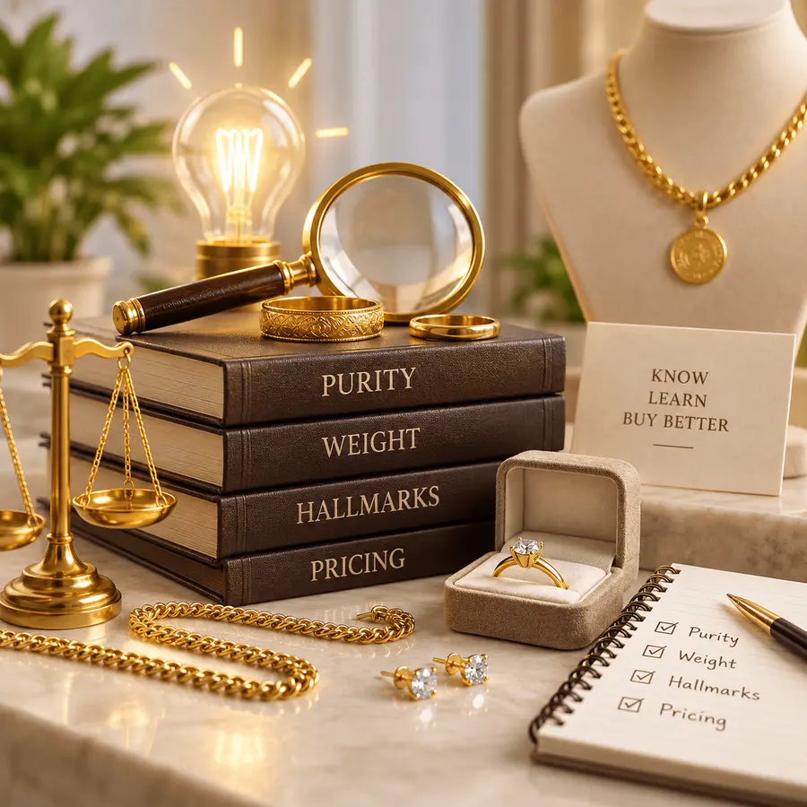 Gold chain, rings, earrings, scales and a magnifier beside books labelled purity, weight, hallmarks and pricing