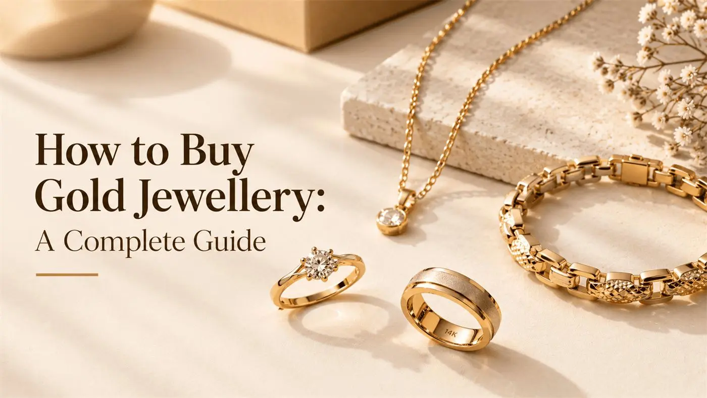 Gold rings, chains and bracelets laid out for a buying guide