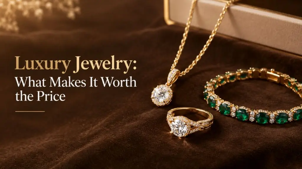 Diamond pendant, ring and emerald bracelet on brown velvet