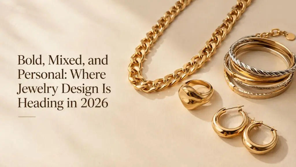 Gold chains, rings and hoop earrings on a cream background
