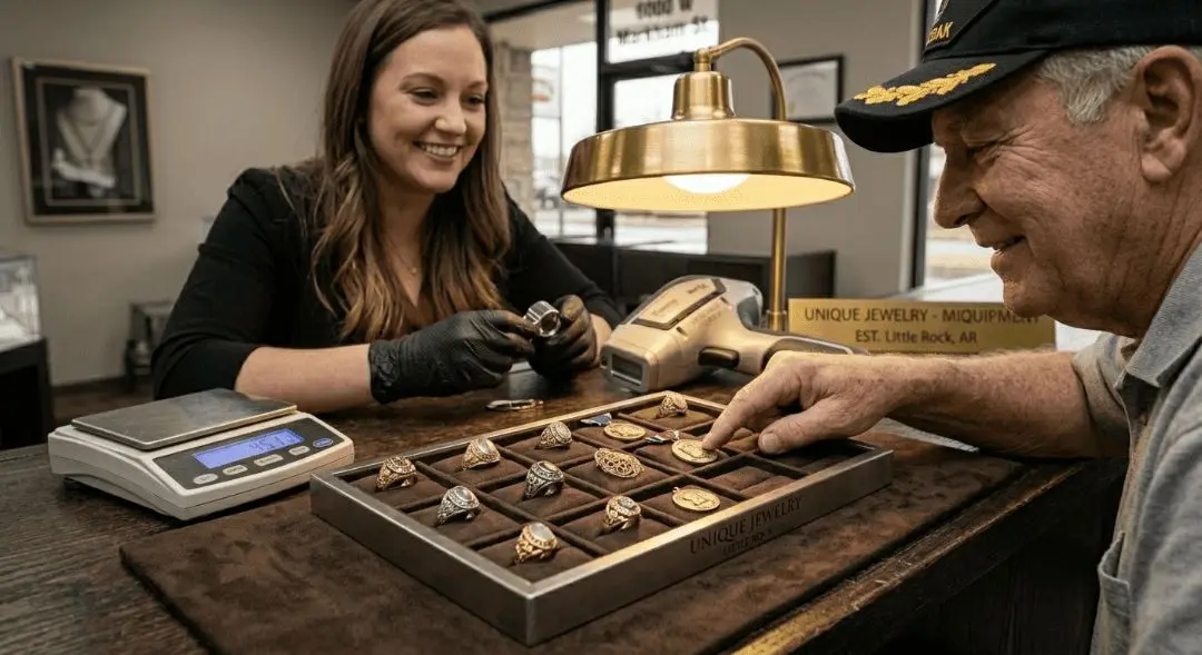 Customer choosing from a tray of gold rings and coins at the Unique Jewelry counter