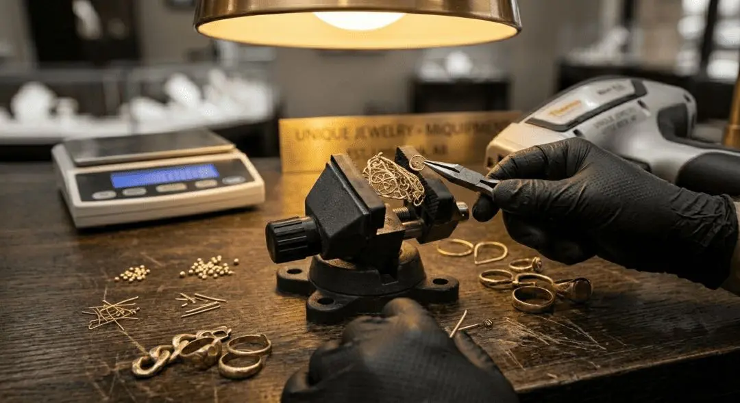 Gloved jeweler working on gold pieces in a bench vise beside a scale and gold tester
