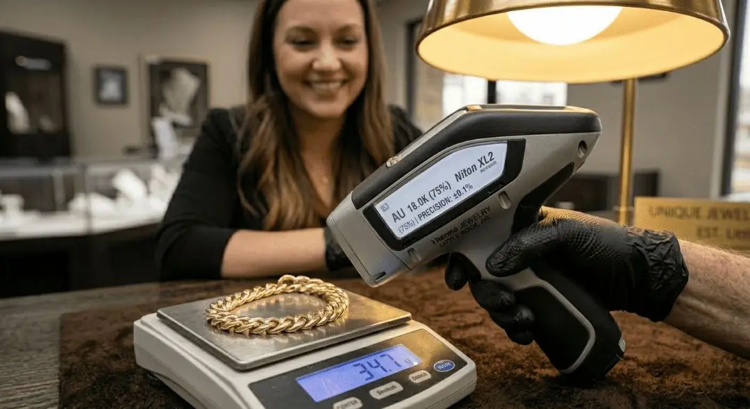 Gold bracelet on a scale being tested with an XRF analyzer reading 18K