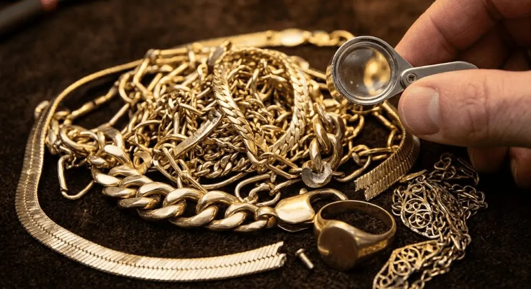 Jeweler inspecting a pile of broken gold chains with a loupe