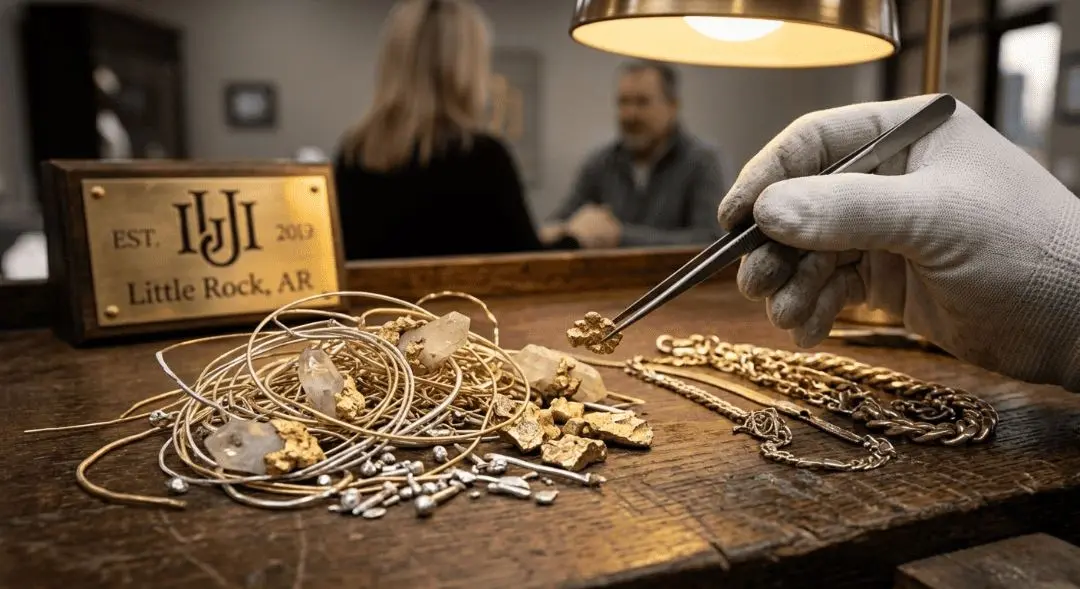 Gloved jeweler sorting gold nuggets, wire and chains at the Little Rock store counter