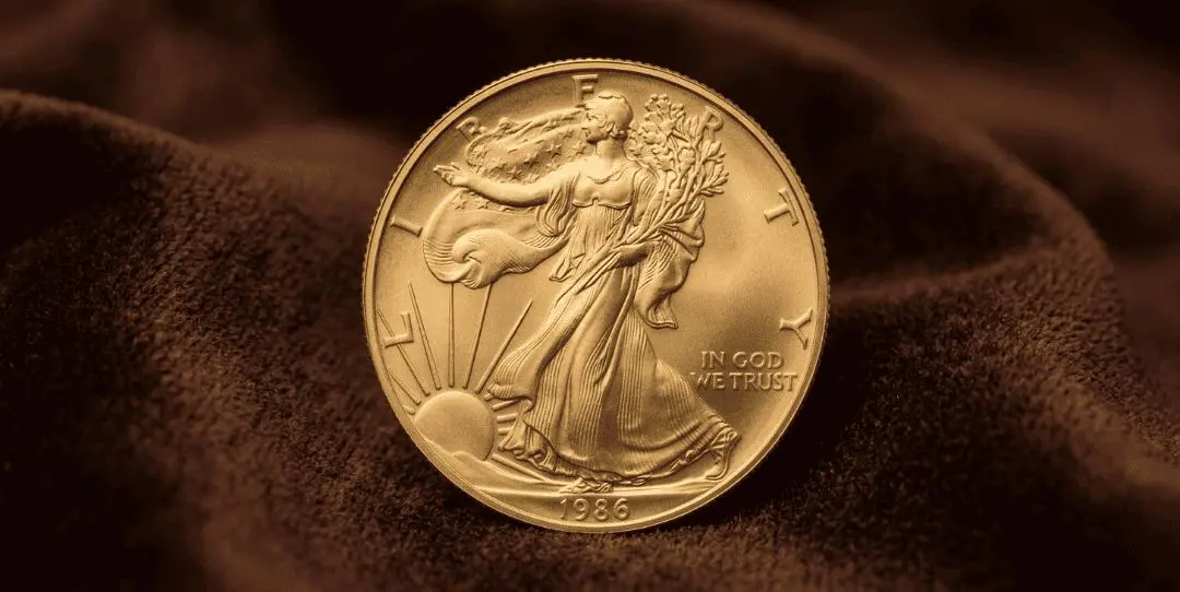 Gold coin with a Liberty design standing on brown velvet