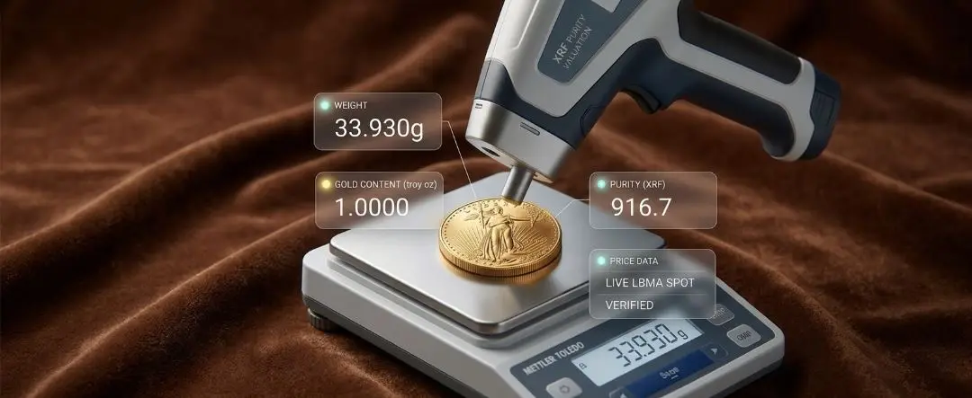 Gold American Eagle on a scale reading 33.930g under an XRF analyzer