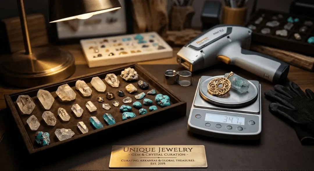 Gold pendant on a scale beside an XRF analyzer and a tray of crystals and turquoise