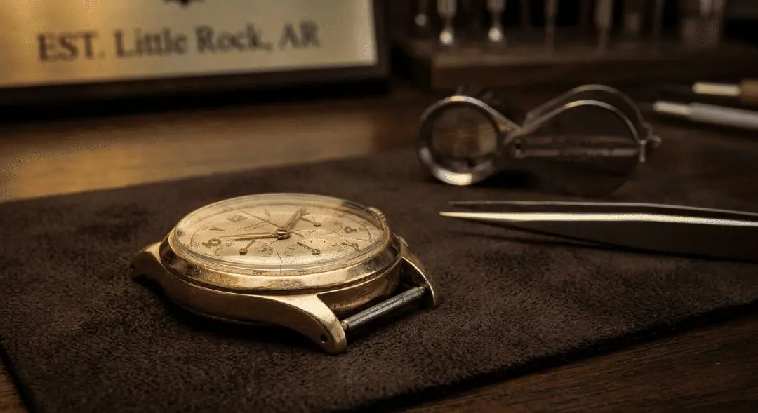 Vintage gold chronograph watch case without a strap on a jeweler's mat