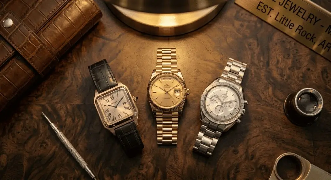 Gold Cartier, gold Rolex Day-Date and Omega Speedmaster watches on a burl wood desk