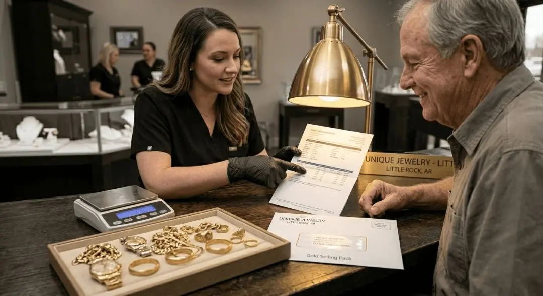 Unique Jewelry specialist explaining a written valuation to a customer at the counter
