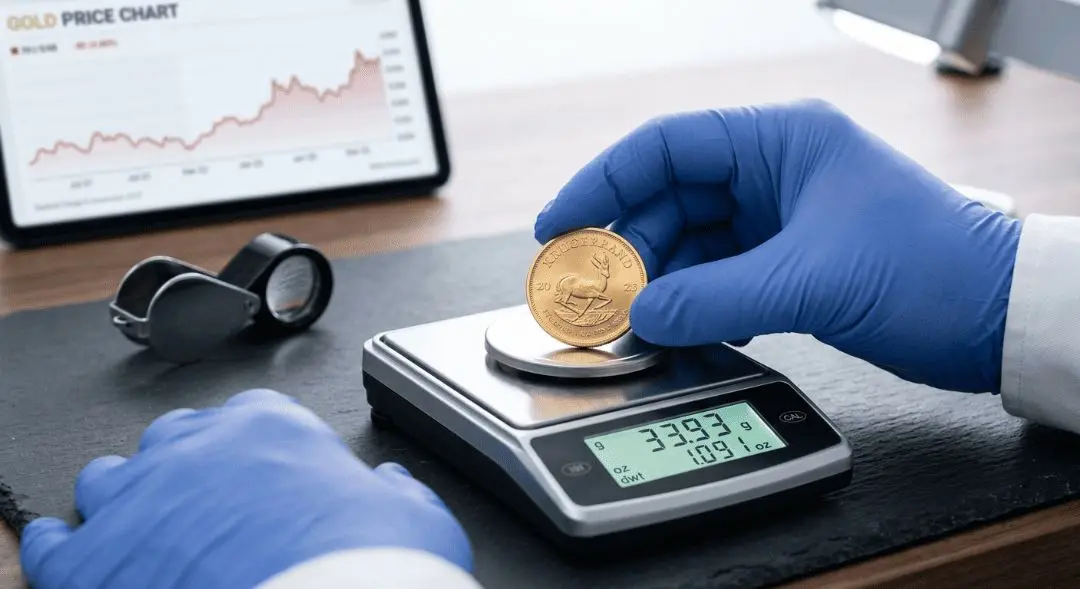 Gloved hand placing a Krugerrand on a scale reading 33.93g beside a gold price chart
