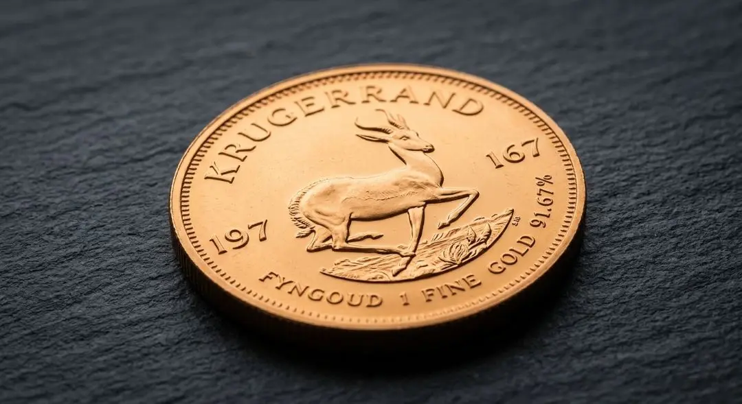 Close-up of a gold Krugerrand coin showing the springbok design