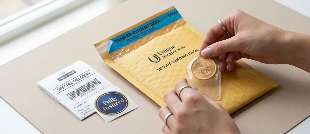 Krugerrand in a coin sleeve going into a tamper-evident padded sending pack
