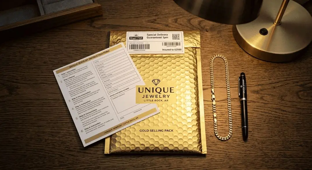Unique Jewelry gold selling pack with instruction form, a gold chain and a pen