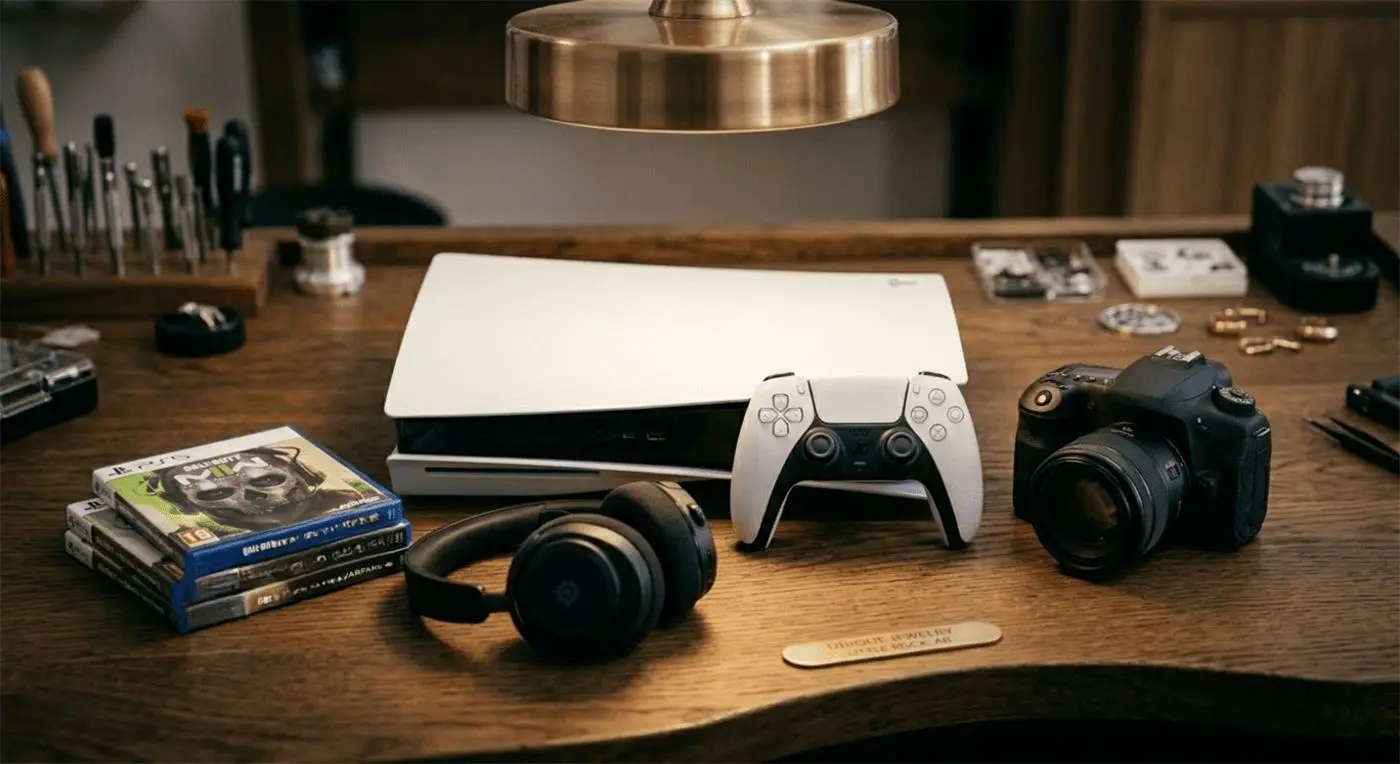 Game console, controller, headphones and camera on the shop counter