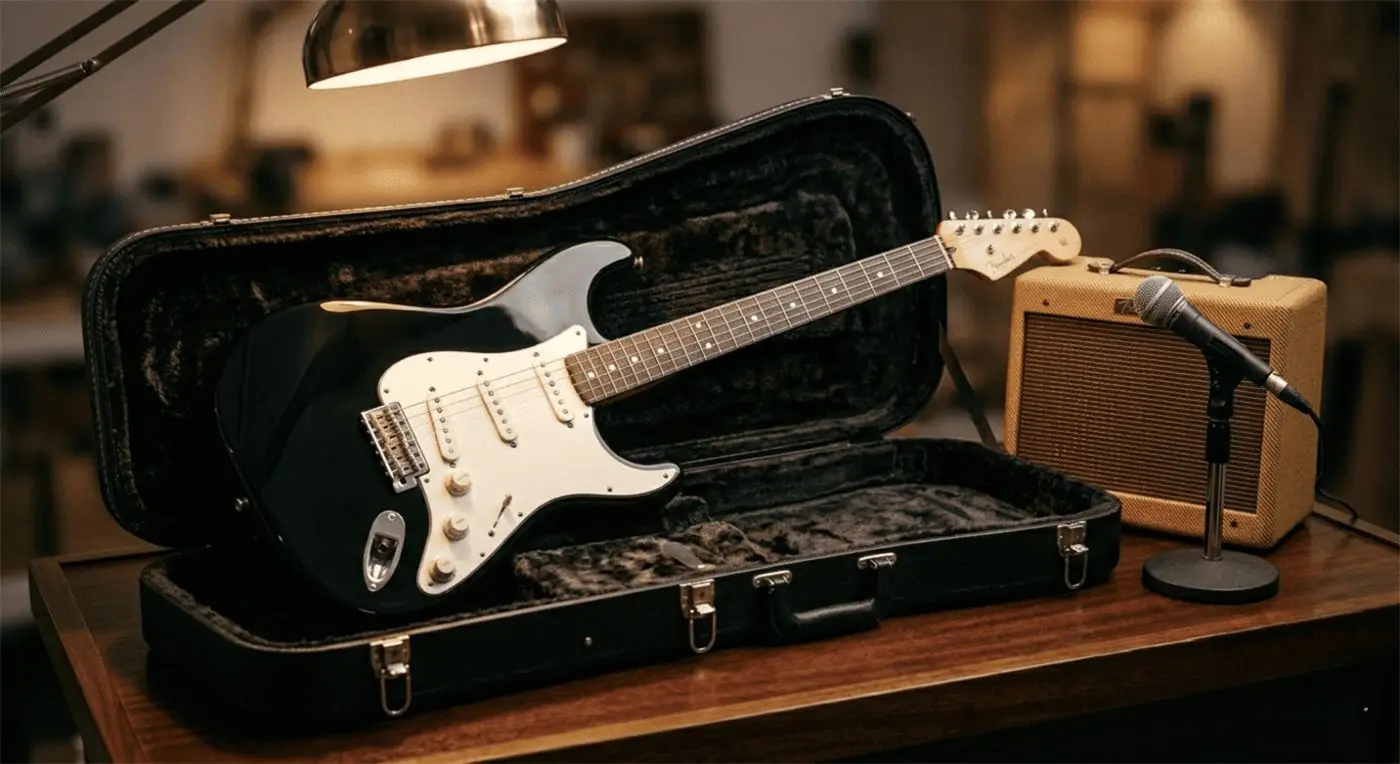Electric guitar in an open case beside an amplifier and microphone