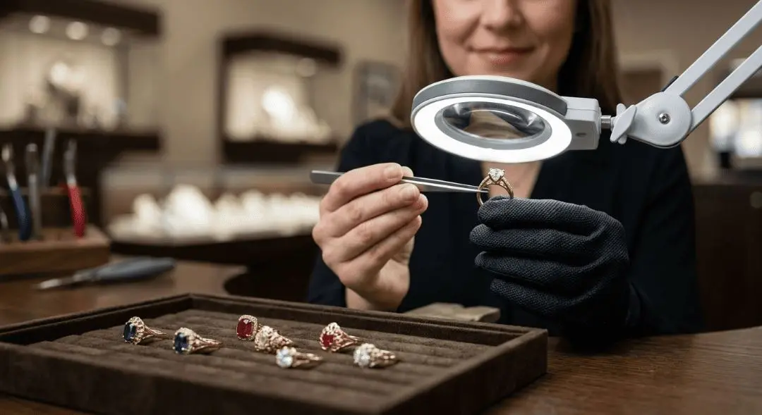 Jeweler examining a gemstone ring under a magnifier at Unique Jewelry