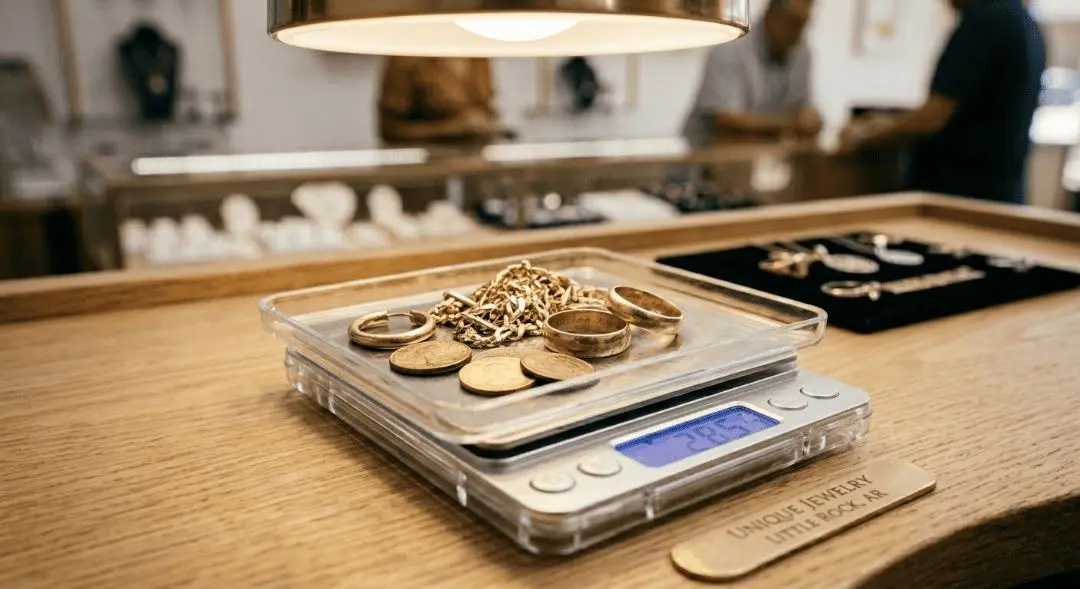 Digital scale weighing broken gold chains and coins at Unique Jewelry