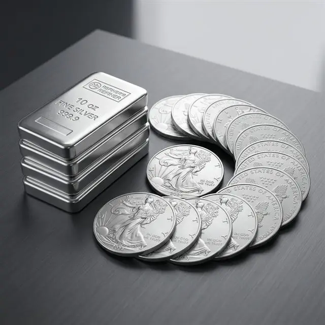 Silver bullion bars and silver coins