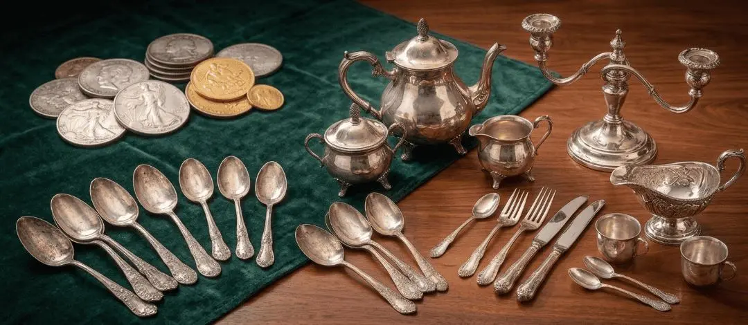 Silver spoons, forks, knives, a tea set, a candelabra and silver coins on green velvet