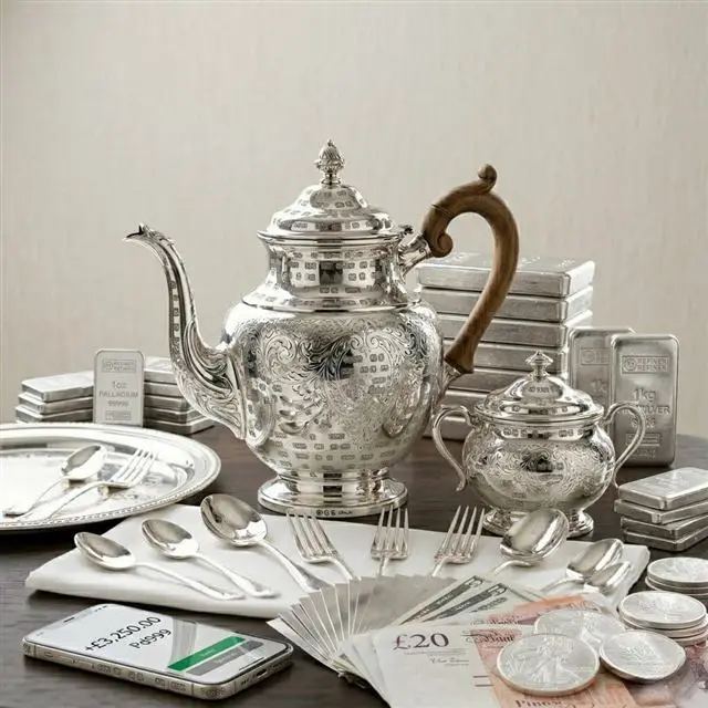 Sterling silver tea set, trays and flatware