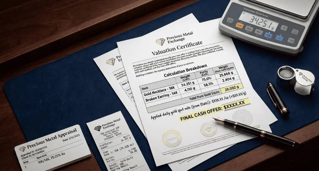 Written gold valuation reports on a desk beside a scale and a pen