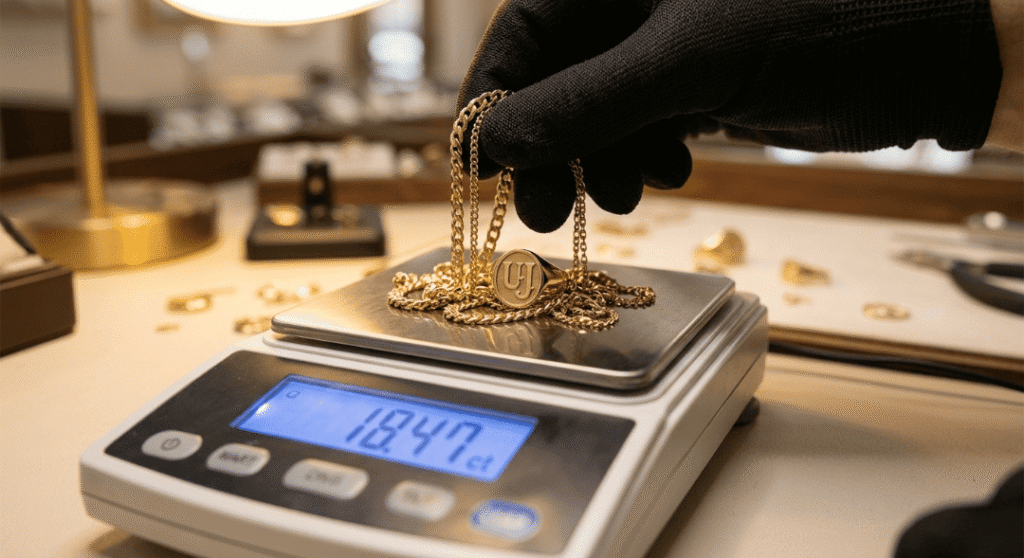 Jeweler weighs gold chains and rings on a precision scale at Unique Jewelry workbench.