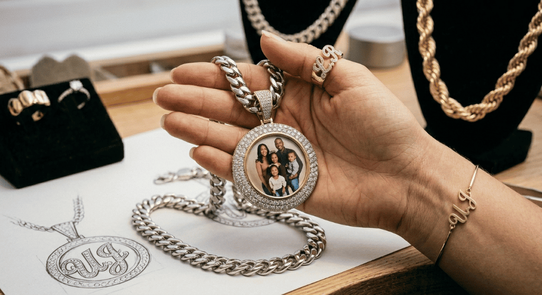Iced-out custom jewelry picture pendant with a diamond frame on a heavy gold Cuban link chain.