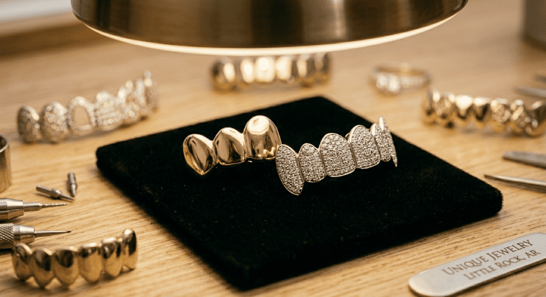 Custom jewelry gold grillz featuring a single tooth solid gold cap and a multi-teeth diamond-encrusted set.