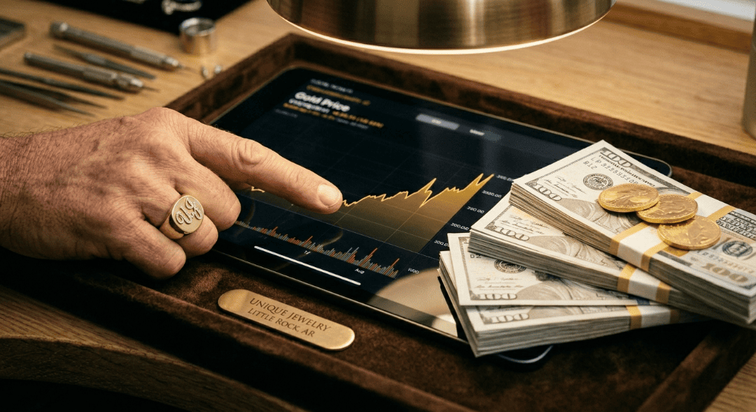 Customer hand pointing to a rising live gold price chart next to stacks of cash for selling scrap gold at Unique Jewelry.
