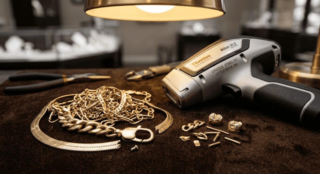 Broken gold chains and jewelry scrap next to professional testing equipment at Unique Jewelry.