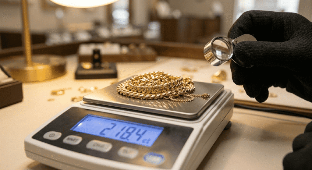 Precision digital scale weighing heavy gold necklaces on a Unique Jewelry workbench.