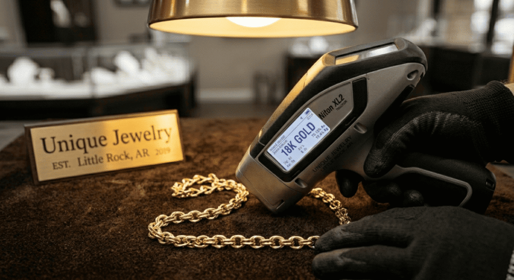 Professional XRF testing of a gold necklace for purity at Unique Jewelry.
