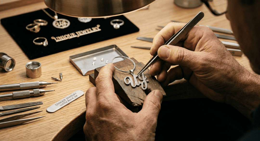 Professional jeweler hand-setting diamonds into a 14k white gold custom jewelry pendant at Unique Jewelry.