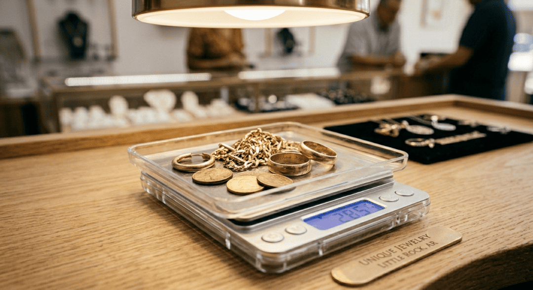 A digital jeweler's scale weighing scrap gold items including broken chains and coins at Unique Jewelry in Little Rock.