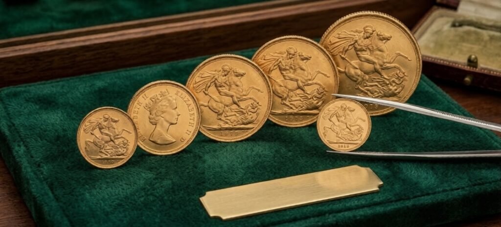A line of gold sovereign coins in various sizes, including Quarter, Half, Full, and Quintuple Sovereigns, arranged on a green velvet pad with a jeweler's tool, representing the full range of coin collections purchased by Unique Jewelry Now.