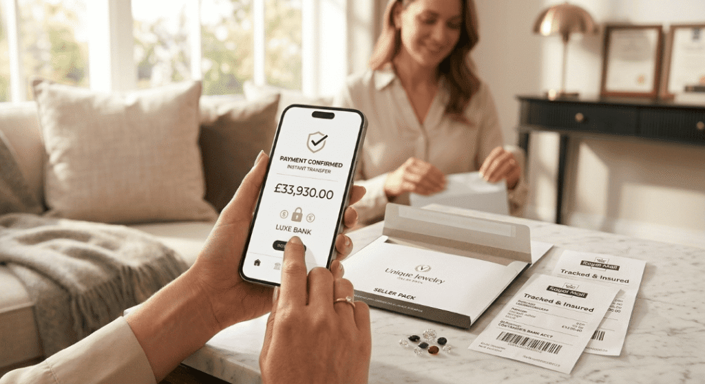 A customer holding a smartphone showing an instant bank transfer confirmation for their gold, next to their insured seller pack receipt.