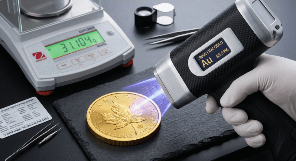 Expert XRF purity verification and precision weighing of a 24ct Gold Canadian Maple Leaf at Unique Jewelry Now’s valuation center.