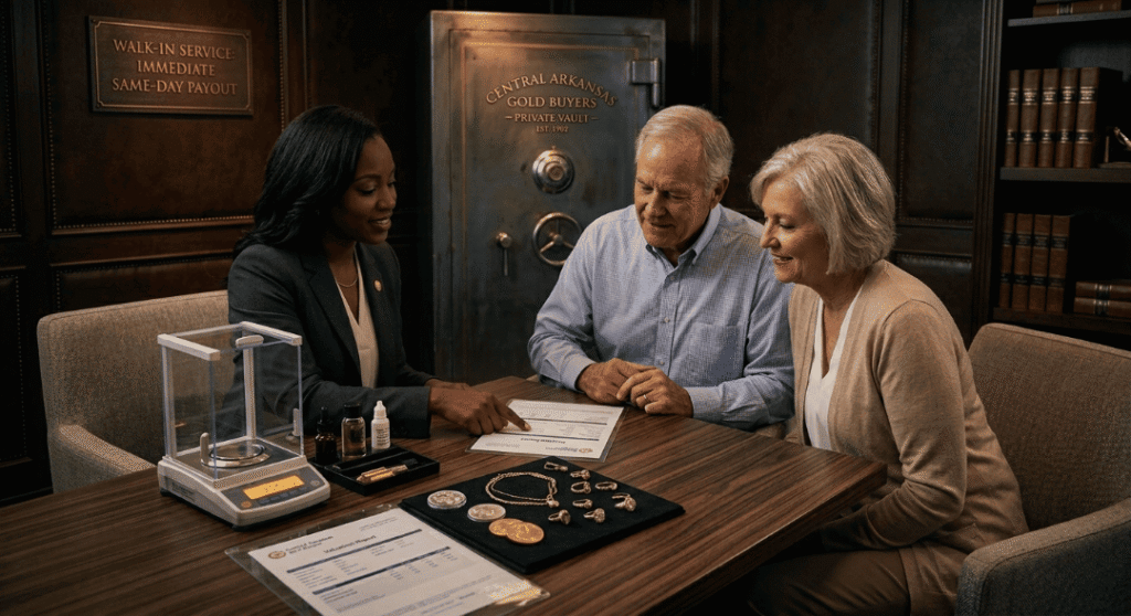 An expert female appraiser guiding an elderly couple through a transparent jewelry valuation process inside a secure, dark-themed Central Arkansas luxury store featuring a large vintage gold vault in the background.
