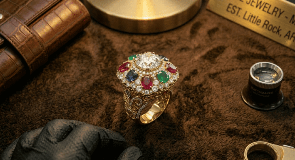 A large, intricate gold ring featuring a central diamond surrounded by rubies, sapphires, and emeralds, displayed on a brown velvet surface for professional appraisal.