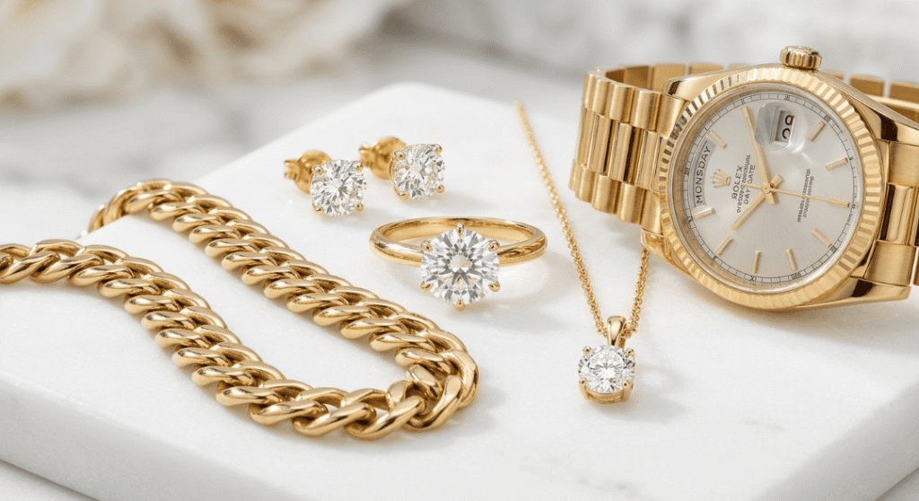 Different types of gold including yellow, white, and rose gold rings alongside pure 24k gold bars on a white background.