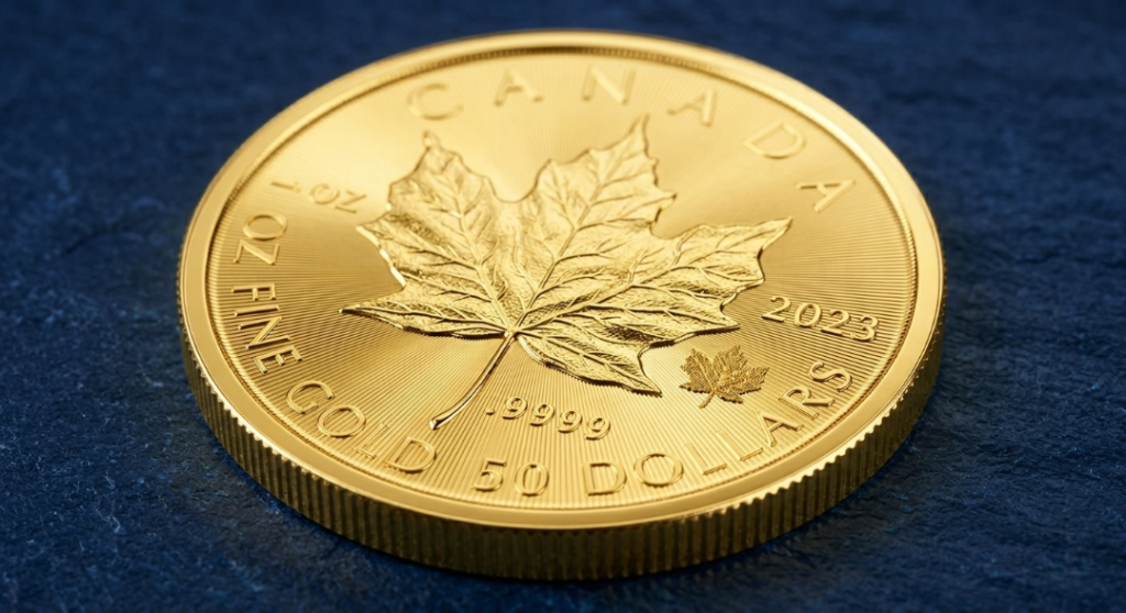 Macro shot of a .9999 pure Gold Canadian Maple Leaf showing light-diffracting radial lines and security features for Unique Jewelry Now.