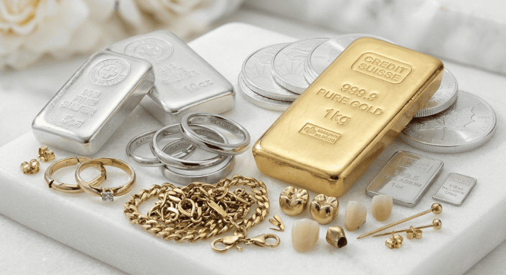Broken jewelry, gold dental crowns, and a pure gold bullion bar representing scrap gold buying services.