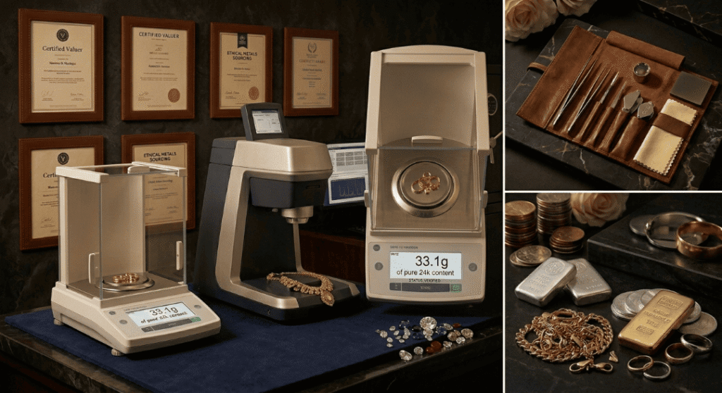 A specialized valuer analyzing a gold necklace with an XRF spectrometer in a professional, secure London valuation center to determine precise value.