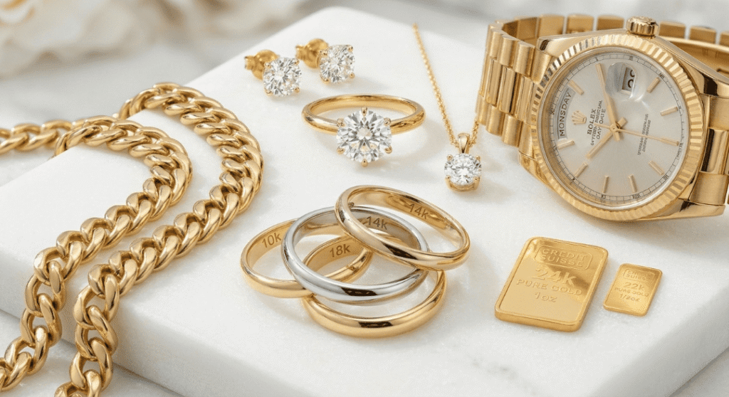 A collection of premium fine jewelry including a gold watch, diamond ring, gold chains, and earrings on a white surface.