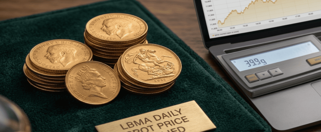 Stacks of gold sovereign coins on a green velvet pad next to a digital scale and a laptop displaying live gold market price charts for transparent valuation.