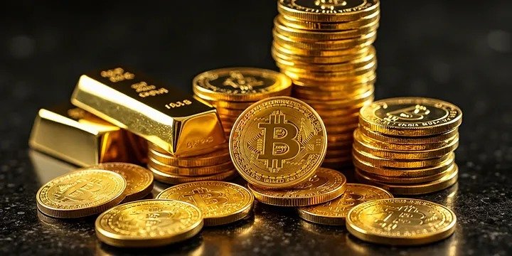 A close-up view of a collection of gold-toned physical Bitcoin coins stacked and scattered next to small fine gold bullion bars on a dark reflective surface, providing a perfect illustration for individuals evaluating Sell Gold Coins Arkansas options.