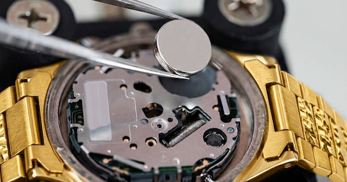 A close-up view of fine metal tweezers carefully holding a new silver coin battery over the exposed internal movement of a gold wristwatch, illustrating the precision of professional Watch Battery Replacement Little Rock and reliable Watch Battery Replacement services.